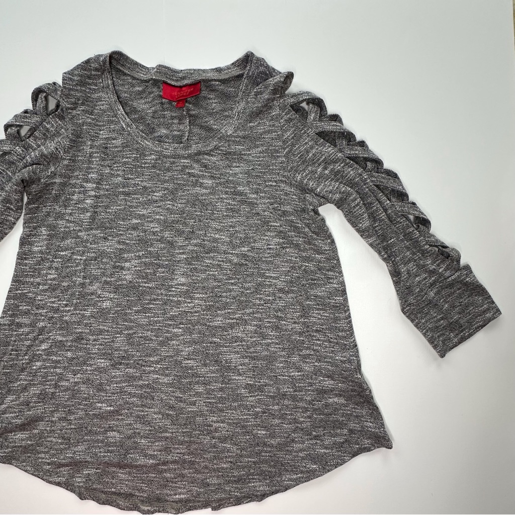 Jennifer Lopez Gray Pullover Sweater Criss Cross Cut-Out Sleeves Women’s Medium — image 4 of 8